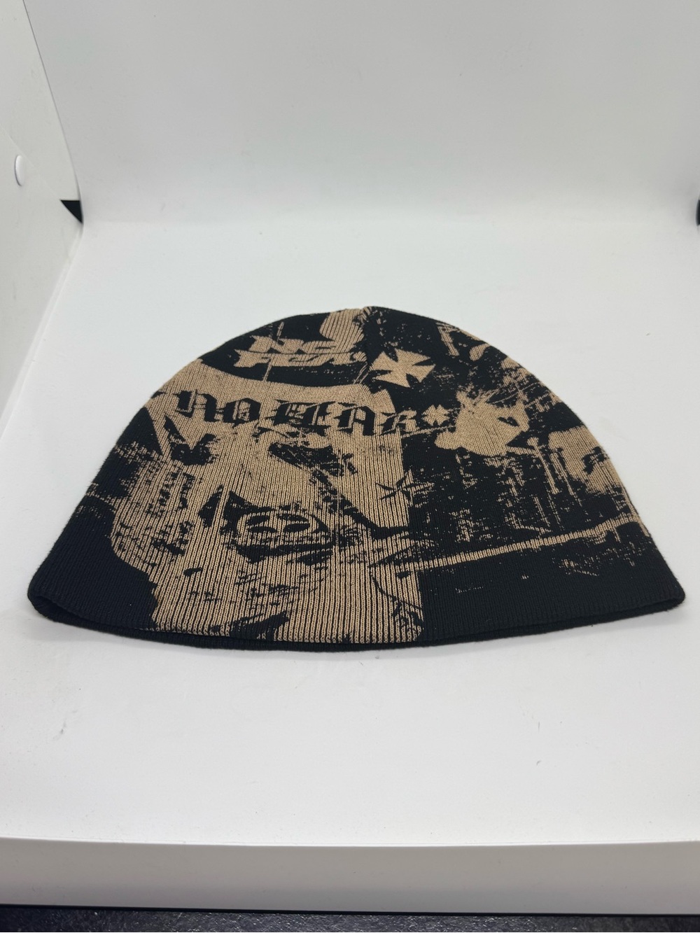 No Fear Graphic Knit Beanie Hat Black Tan Y2K Moto Skater One Size - Picture 6 of 8